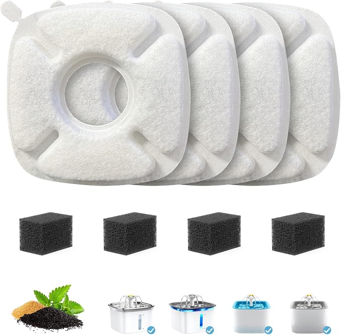 Cat Water Fountain Filter Pet Drinking Fountain Filter, Compatible with 67/95/135/85oz Automatic Pet Dispenser, Triple Filtration Dog Fountain Filter, 4 Pack (4 Carbon Filters+4 Sponge Filters)