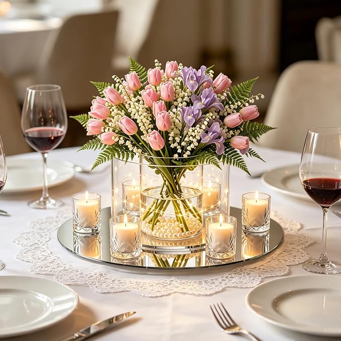 Acrylic Flower Vase for Centerpieces, Clear Double Layered Round Vase for DIY Decorative Table, Cylinder Planter for Candle Holder, Wedding Event, Home Decor