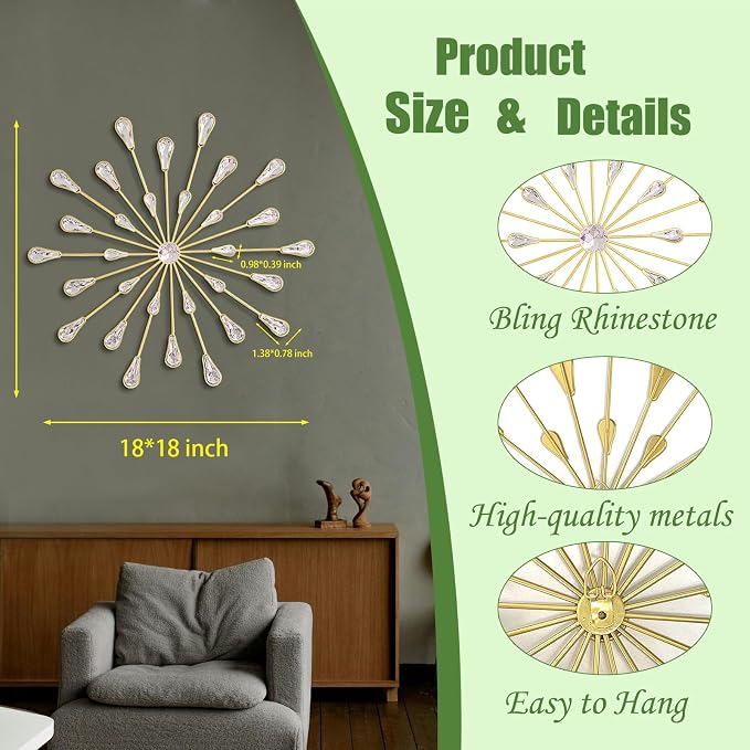 ZEXUIRU 3 Set Gold Starburst Wall Art for Home Decor Metal Bling Crystal Rhinestones Sunburst Wall Decor Sparkling Rhinestone Art Accent Gold - 18in