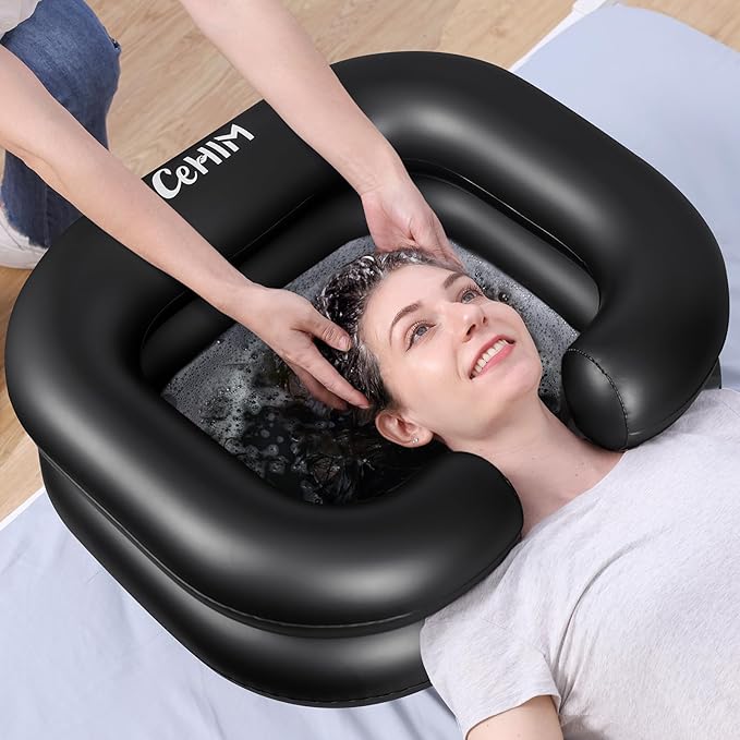 Inflatable Shampoo Basin - Portable Shampoo Bowl, Hair Washing Basin for Bedridden, Disabled,Injured, Hair Wash Tub for Dreadlocks and at Home Sink Washing (Black)