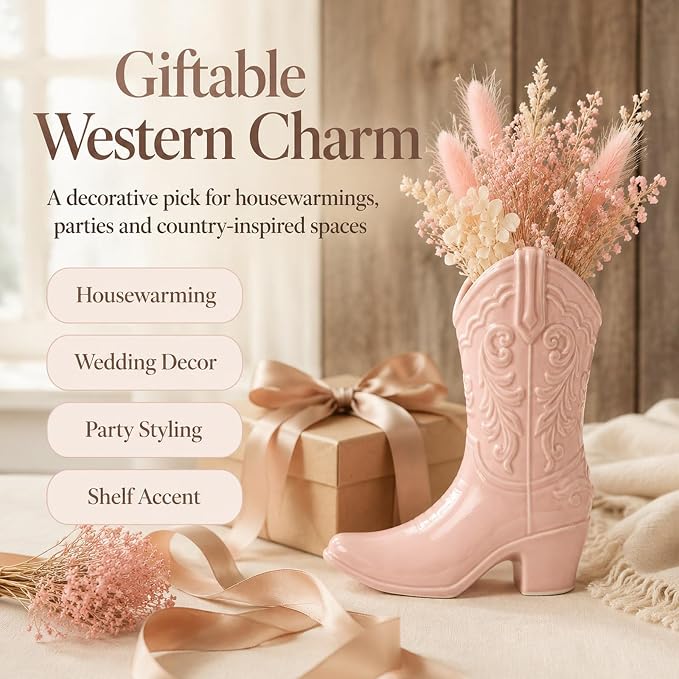 9.13 Inch Pink Ceramic Cowgirl Boot Vase, Unique Western Style Cowboy Boot Vase for Modern Country Home Decor, Wedding Table Centerpiece, Living Room, Bedroom, Office, Gift for Women