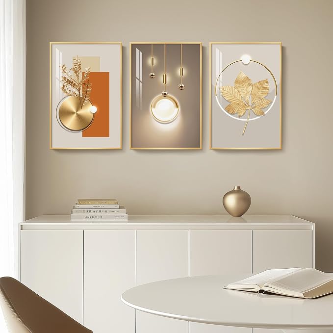 Framed Modern Luxury Gold Large Wall Art for Living Room, 3 Piece 16x24 In | Soild golden framed prints, Crystal coating wall paintings, Geometric wall art for bedroom dining room hallway