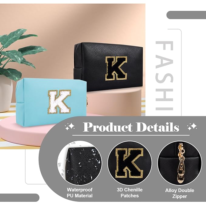 Personalized Initial A-Z Preppy Patch Makeup Bag,Small PU Chenille Letter Cosmetic Bag with Zipper for Teen Girls,Black Cute Toiletry Organizer Bag,Monogram Makeup Case Gift for Women Girls,Letter K