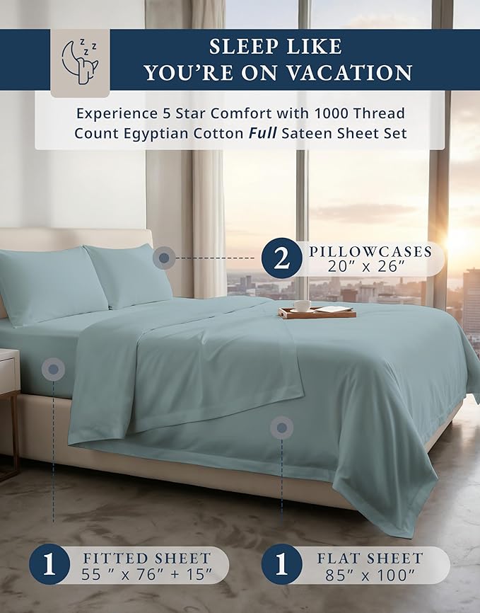 LANE LINEN Luxury Hotel Style 100% Egyptian Cotton Bed Sheets Full Size - 1000 Thread Count, Mercerized Cotton, Fade Resistant Sustainably Produced Full Bedding Sheets & Pillowcases - French Blue