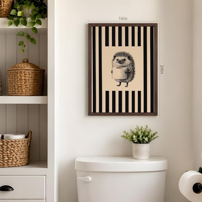 VziizV Funny Hedgehog Bathroom Wall Art, Cute Hedgehog Holding Toilet Paper Decor, Beige and Black Stripe Restroom Poster Print, Whimsical Farmhouse Animal Artwork for Powder Wood Framed 12x16 Inch