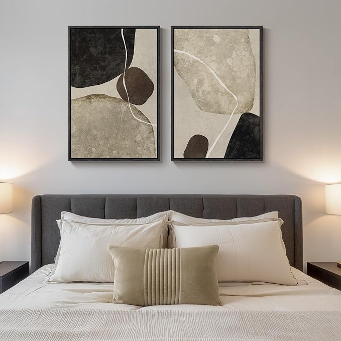 Framed Neutral Abstract Wall Art, 2 Piece Large Modern Black Beige Brown Canvas Prints Paintings Artwork for Walls, Minimalist Stone Shape Pictures for Living Room Dining Bedroom Wall Decor 20x30 In