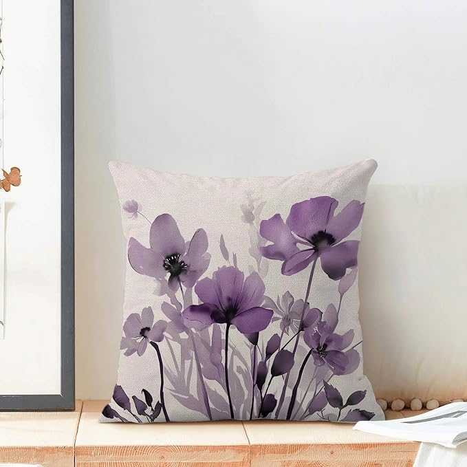 Spring Floral Pillow Covers 18x18 Inches Set of 2,Purple Floral Throw Pillow Covers Outdoor Summer Flower Decoration Pillowcase Farmhouse Decorative Square Cushion Cover Decor for Home Sofa