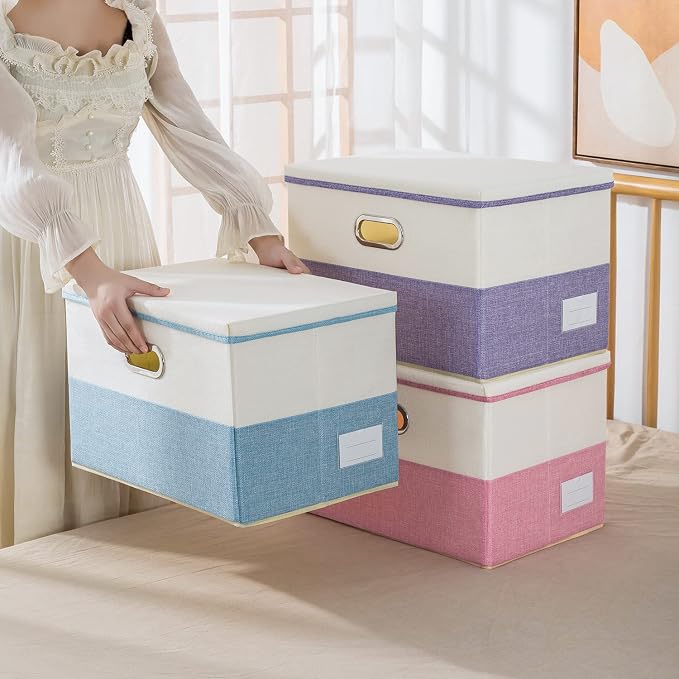 Collapsible Storage Bin with Lid [3-Pack] Fabric Foldable Storage Box Organizer Container Basket Cube with Cover for Home Bedroom Closet Office Nursery Pink&Cream(14.9x9.8x9.8)