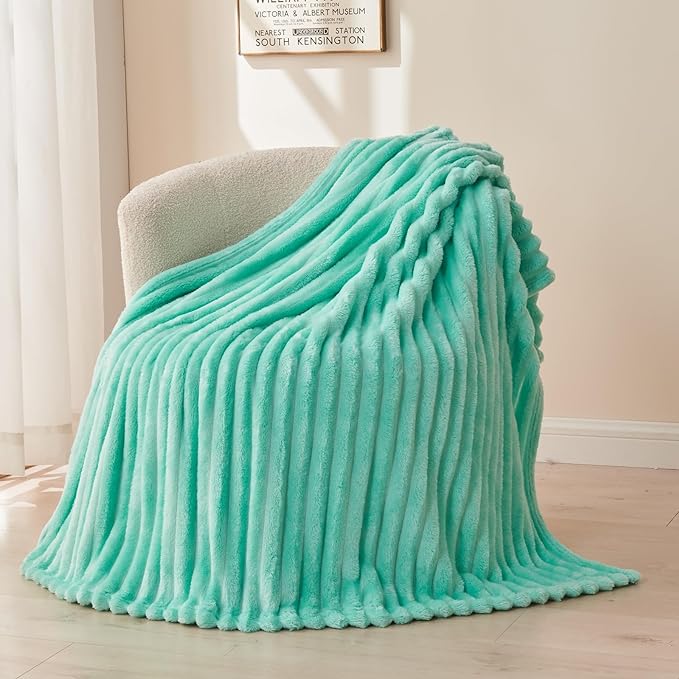 NEWCOSPLAY Fleece Ribbed Cozy Throw Blanket for Couch, Aqua, 50"x60" | Premium Silky Flannel Blanket, Soft Lightweight Fluffy Throw Blanket for Bed Sofa Decor, Gift for All Season Use