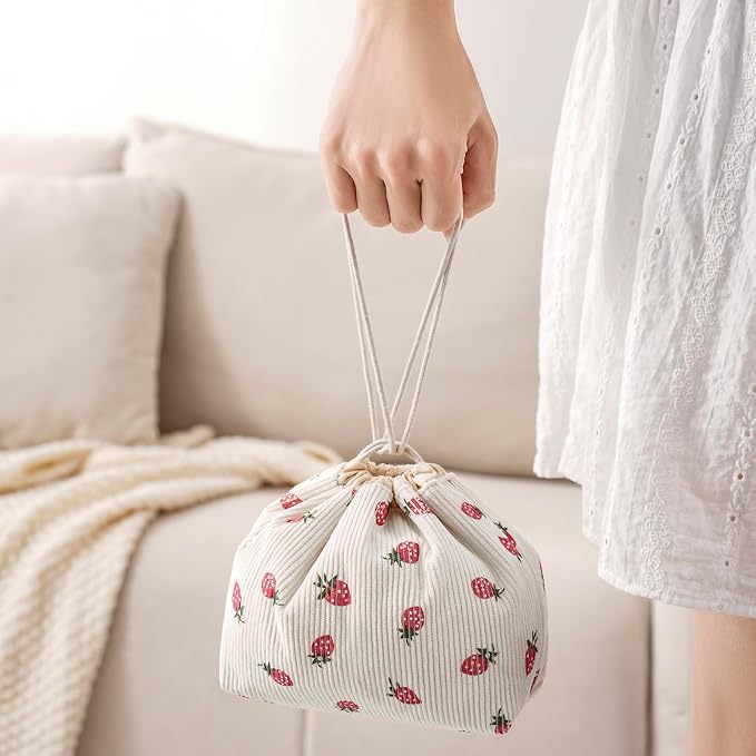 RSRSLEII Aesthetic Corduroy Drawstring Makeup Bag, Cute Coquette Drawstring Cosmetic Bag with Canvas Lining, Strawberry Pattern Travel Makeup Organizer Case for Women Girls(06 Strawberry)
