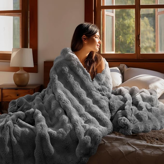 BEDELITE Faux Fur Throw Bubble Blanket for Couch, 50" x 60", Dark Grey | 870GSM Soft Cozy Plush Blanket for Sofa & Bed Living Room Decor, Warm Fuzzy Faux Rabbit Fur for Women Gift, All Season Use