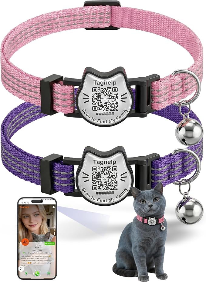 Breakaway Cat Collar with QR Code Tag and Bell (Pink & Purple) | Reflective Nylon, Quick-Release Buckle