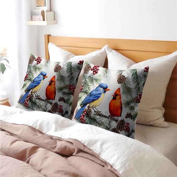 Kawani Winter Birds Throw Pillow Covers 16x16 Inches, 2 Pcs Xmas Pine Needle Orange Blue Bird Pillowcase Cotton Linen Square Cushion Case for Couch Sofa Bedroom Living Room Home Décor