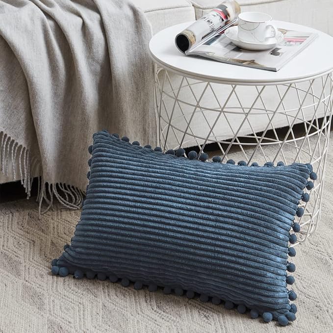 Fancy Homi 2 Pack Dusty Blue Lumbar Decorative Throw Pillow Covers 14x24 Inch with Pom-poms for Couch Bedroom Sofa, Farmhouse Boho Home Decor, Soft Corduroy Solid Rectangle Cushion Case 35x60 cm