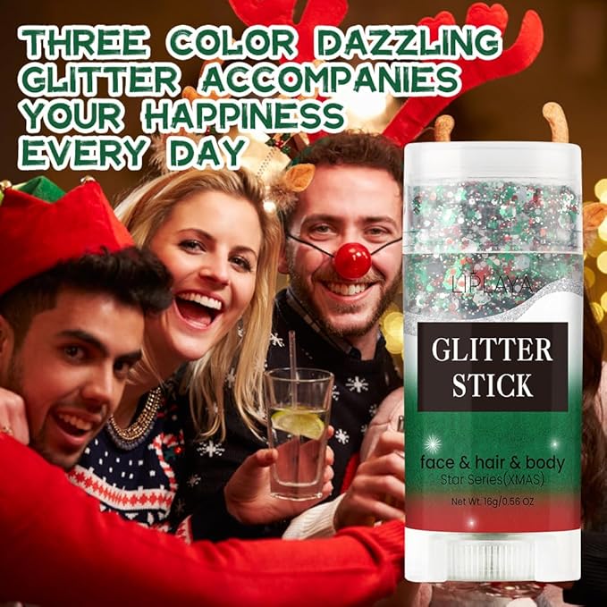 Christmas Body Glitter Stick, Sparkling Holographic Sequins Neon Outfit Party Christmas Accessories Hair and Body Glitter Gel Makeup.(Red Green and White)