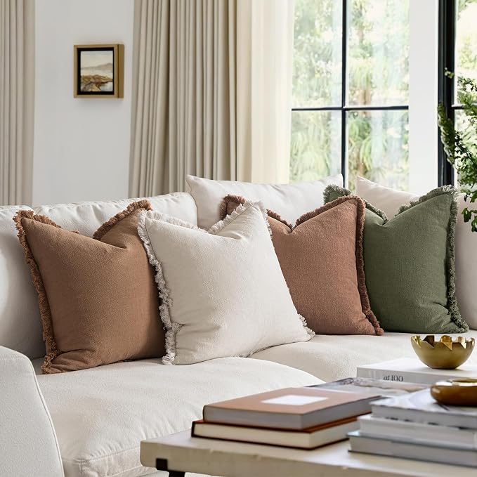 MIULEE Fall Linen Fringe Pillow Covers Set of 4 18x18 Beige/Brown/Green | Boho Farmhouse Decorative Throw Pillow Covers, Neutral Soft Rustic Cushion Cases, for Couch Sofa Bed Living Room Home Decor