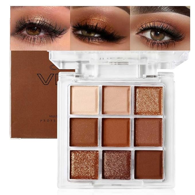 URQT Golden Caramel Eyeshadow Palette – 9 Warm Bronze & Nude Brown Shades with Matte & Metallic Finishes, High Pigment Blendable Palette for Natural to Glam Looks