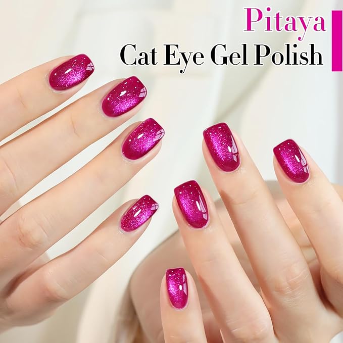Double Rhythm 15ML Ice Glass Cat Eye Gel Polish with Magnet Holographic Glitter Shimmer Translucent Sheer Color Salon Soak Off Magnetic at Home (Pitaya Purple-MC1072)