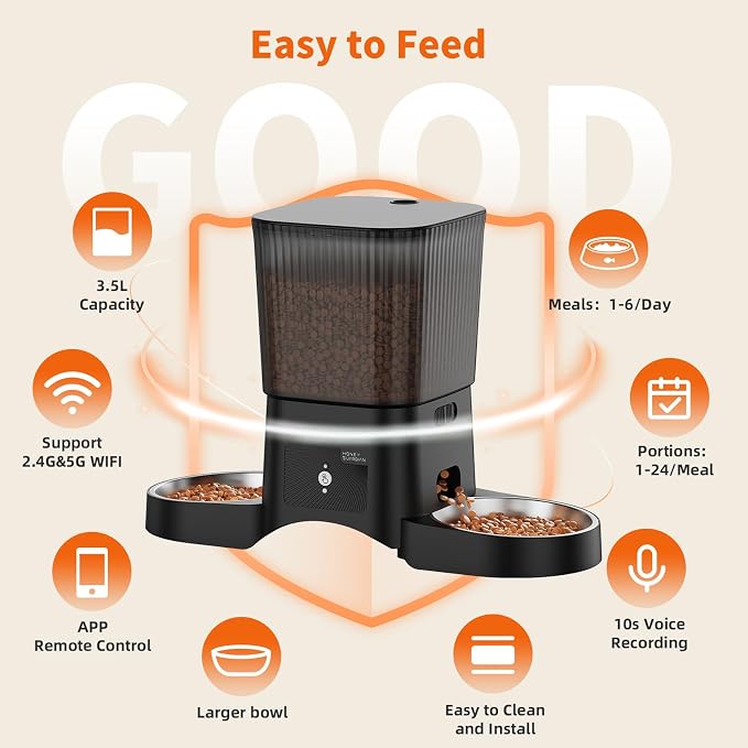 HoneyGuaridan Automatic Cat Feeder for 2 Cats,2.4G/5G WiFi APP Control | Dual Cat Food Dispenser for Multiple Cats,2 Stainless Steel Bowls & 2 Slow Feeder Anti-Choking Bowls, Dual Power