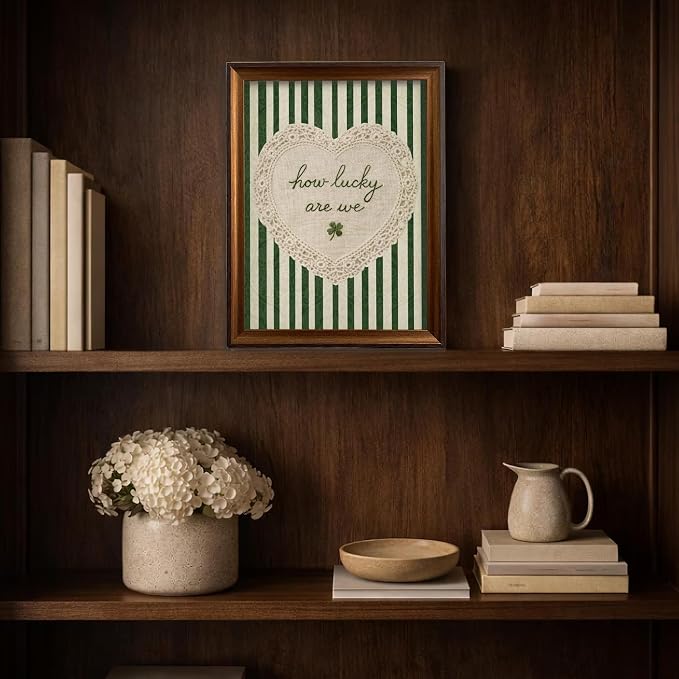 Framed How Lucky Are We Wall Art Vintage Inspirational Quotes Decor Print | Green Striped Lace Heart Aesthetic Painting Poster Trendy Preppy Canvas Picture for Bedroom Collage Ready to Hang 12inx16in