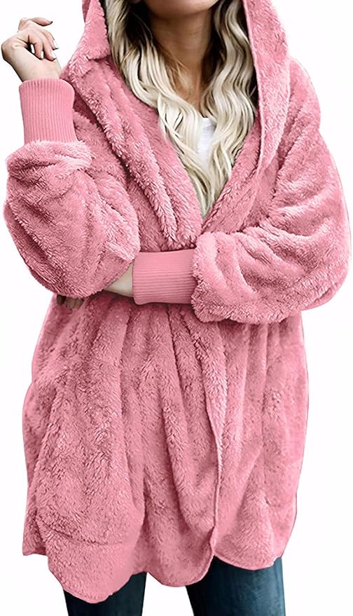 Zilcremo Women Hooded Cardigan Fuzzy Jacket Winter Open Front Fleece Coat Outwear with Pockets