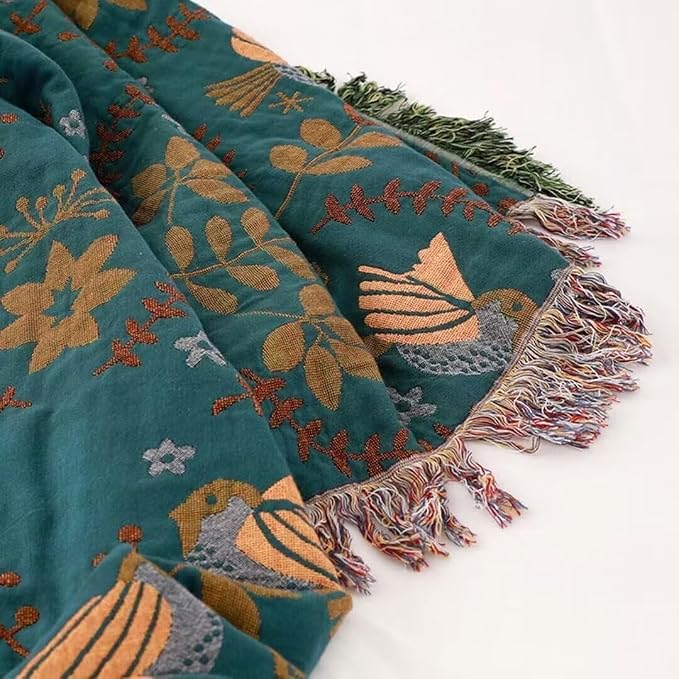 Boho Throw Blanket for Bed 100% Cotton Bohemian Blankets Ultra Soft Woven Muslin Decorative Blankets All Seasons Vintage Quilt Knitted Blanket for Sofa Chair(Blue, 80"x90")