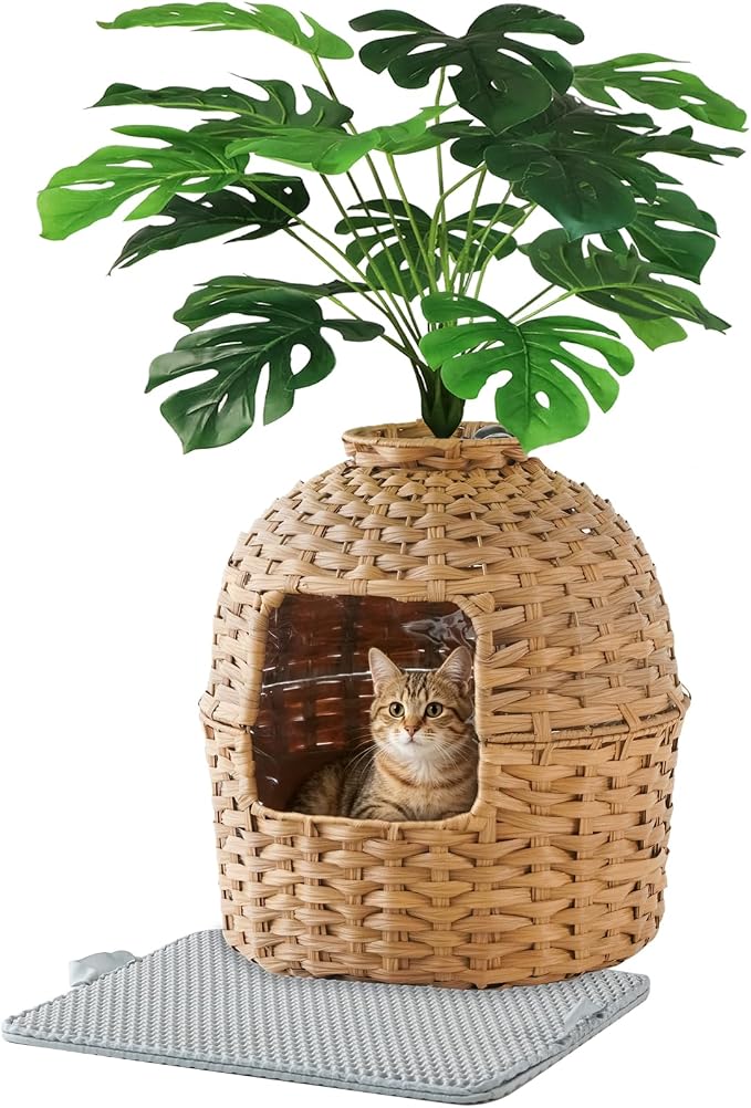 SETVSON Cat Litter Box Enclosure Plant, PE Rattan Kitty House, Natural | Decorative Planter Design, Waterproof Inner PVC Liner, Includes Artificial Plants, Real Stones, Litter Mat, 20x20 Inches