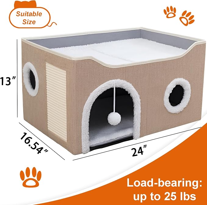 Loyareal Cat Houses for Indoor Cats - Large Cat Bed Cave with Scratch Pad and Fluffy Ball, Foldable Cat Condo Hideaway with Reversible Cushion for Multi Small Pet, Khaki