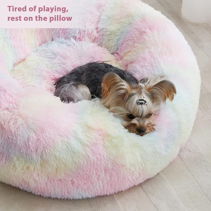 WNPETHOME Large Round Calming Dog Bed Cat Bed for Comfy Sleep | Large Cute Washable Puppy & Cat Bed with Fluffy Plush, Faux Fur Anti Anxiety Pet Bed Donut Cuddler (36x36x10 Inch, Rainbow)