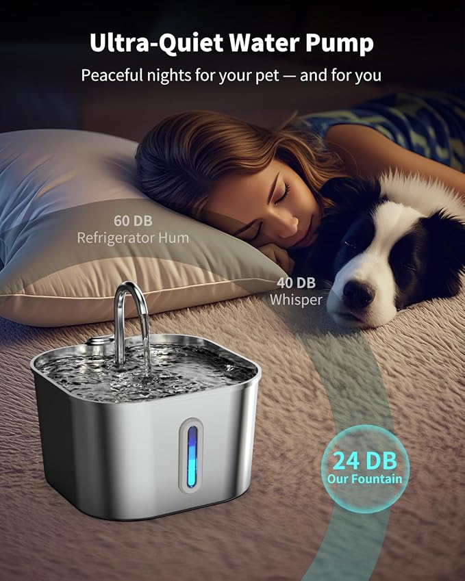 Stainless Steel Cat Water Fountain - 74oz/2.2L Cat Drinking Fountain | Quiet Cat Fountain for Indoor Cats and Small Dogs, Automatic Pet Water Dispenser Keeps Fresh Water, 4 Filters & 4 Sponges