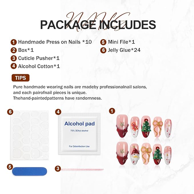 Festive Almond Press on Nails - 3D Santa Motif & Holiday Cheer Design, Hand-Embellished False Nails for Christmas Parties & Seasonal Celebrations