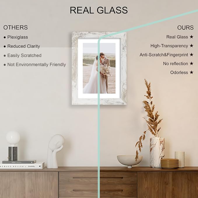 Hongkee 7x10 Picture Frame Set of 4, Made of Real Glass and Distressed White Frame - Display 5.5 x 8.5 Diploma Frame with Mat or 7x10 Without Mat, 7 by 10 Photo for Wall or Tabletop