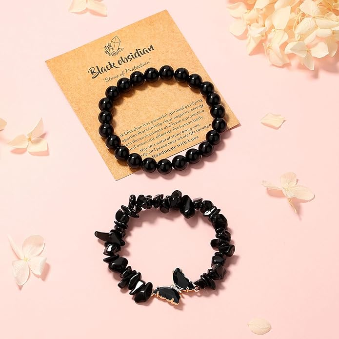 DUQGUHO 2Pcs Butterfly Bracelets for Women Healing Crystals Bracelets for Women Natural Gemstone Bead Bracelet Cute Butterfly Charm Bracelet Stretch 8mm Crystal Jewelry Gifts for Women