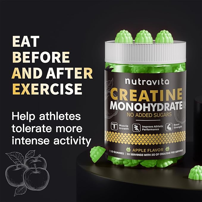 Nutravita Creatine Monohydrate Gummies for Men & Women-5g of Creatine Monohydrate per Serving - Sugar Free,Vegan, Apple Flavor, 120 Count