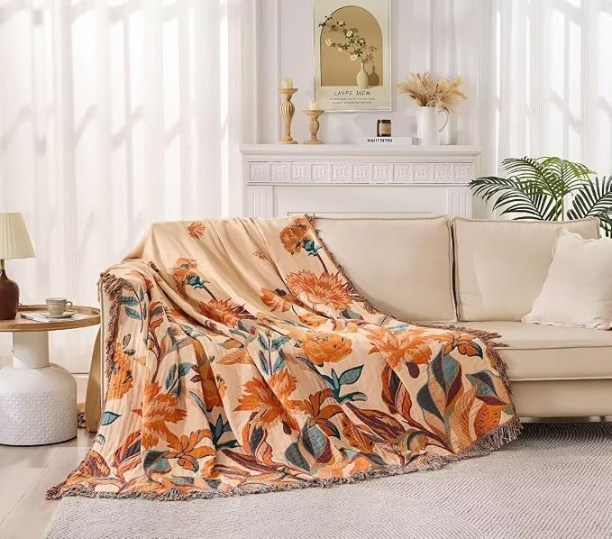 Boho Throw Blanket for Bed 100% Cotton Bohemian Blankets Ultra Soft Woven Muslin Decorative Blankets All Seasons Vintage Quilt Knitted Blanket for Sofa Chair(Orange, 80"x90")