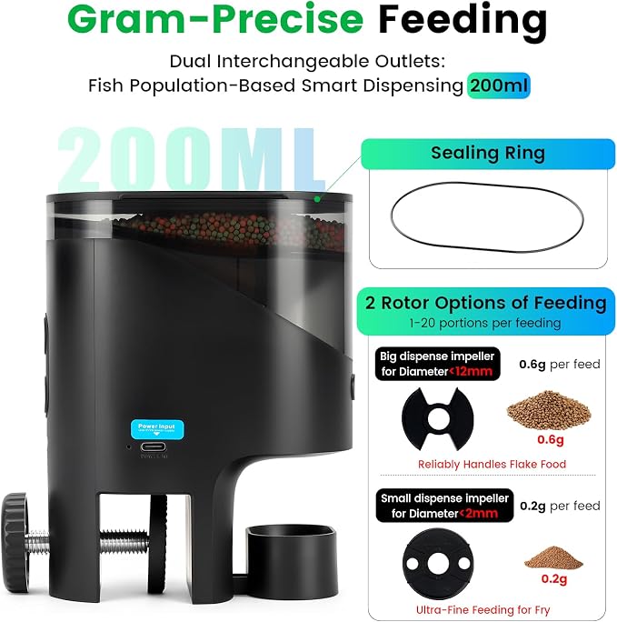 fishkeeper Automatic Fish Feeder for Aquarium Flakes, WiFi (2.4G/5.0G) | APP Control - Auto Fish Food Dispenser/Betta Fish Feeder with HD 2.5K Camera and Timer, Aquarium Feeder for Turtle Koi Tanks