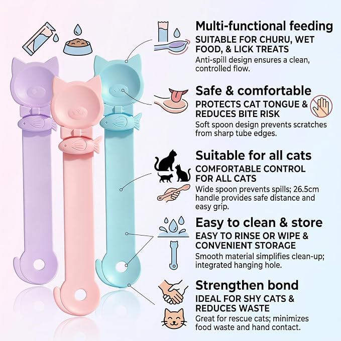 3PCS Cat Treat Spoon, Lickable Cat Treat Dispenser Squeeze, Multi-Function Feeding Spoon for Churu Paste Licky Treats & Wet Food(3 Colors)
