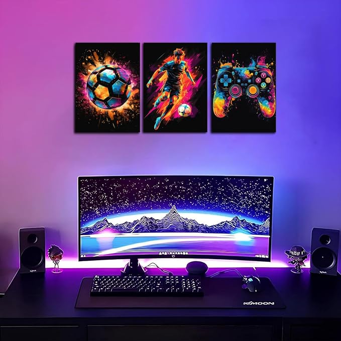 BGFCE Gaming Canvas Wall Art Decor, Paintings Art Game Controller Color Splash Ink Prints Painting, Posters for Room Aesthetic, Soccer Canvas Wall Art for Boys Room Decor 16x24 - Set of 3 Framed