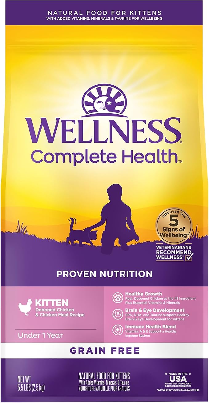 Wellness Complete Health Kitten Dry Cat Food, Natural, Grain Free Kibble, Chicken Recipe, 5.5 lb Bag