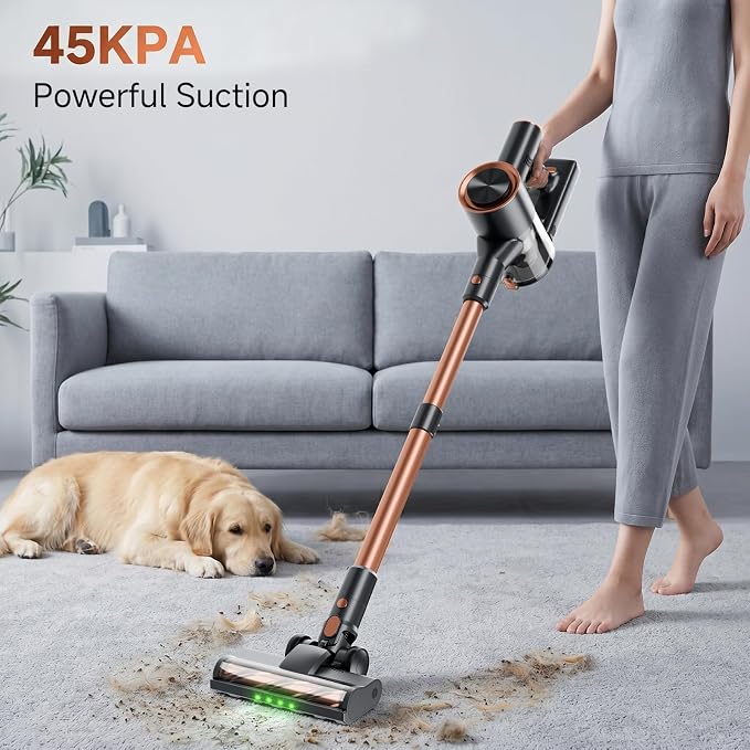Cordless Stick Vacuum Cleaner - Rechargeable,45Kpa Powerful Suction Vacuum for Home,45Mins Runtime,Detachable Battery,Anti-Tangle, 8 in 1 Lightweight Vacuum for Pet Hair Carpet Hardwood, Gold