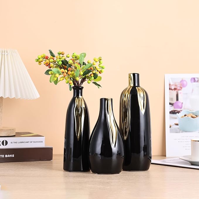 Black and Gold Vase Set of 3, Modern Ceramic Decorative Vases for Living Room, Bedroom, Art Decor, Mantle, Home Event Decor, Office Decorative, Weddings, Rustic & Farmhouse (Black Gold)