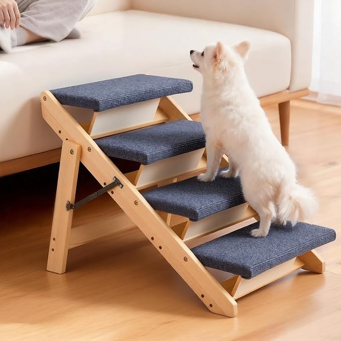 VEVOR Wood Pet Stairs, 4-Step Dog Stairs for Beds, Sofa & Cars, Floded Flat | For Small Medium Large Older Pet Puppy Essentials, 150lbs Load Capacity, Stable & Sturdy Cat & Dog Step Ladder, Non-Slip