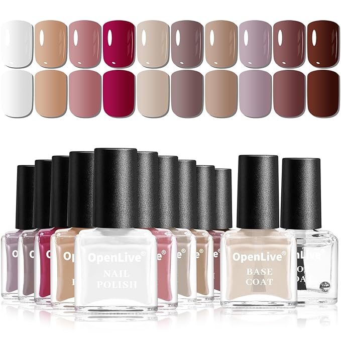 12 PCS Nail Polish Set 10 Color With 2PCS Base and Top Coat Quick Drying Fall Nude Brown White Red Color Holiday Gift for Her 5ML