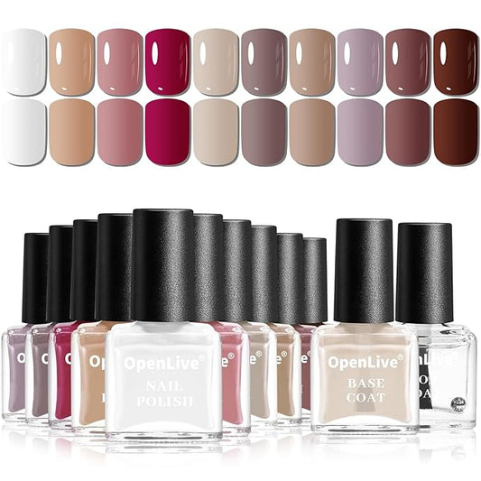 12 PCS Nail Polish Set 10 Color With 2PCS Base and Top Coat Quick Drying Fall Nude Brown White Red Color Holiday Gift for Her 5ML