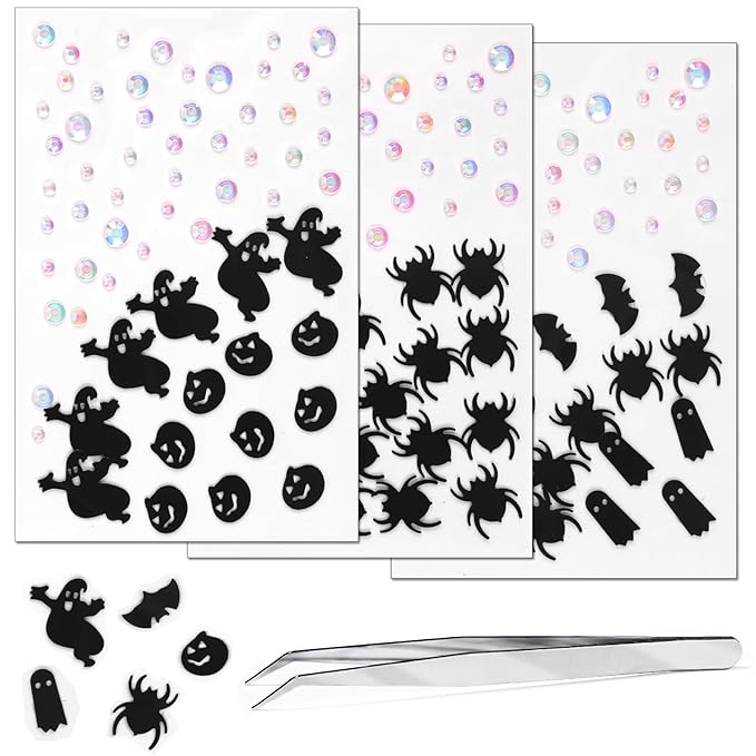Halloween Black Face Stickers Gems for Makeup, 3 Sheets Spooky Spider Witch Bat Face Glitter Rhinestone jewels, Self Adhesive Face Eye Nail Body Gems Stick on for Boo Rave Festival Accessories