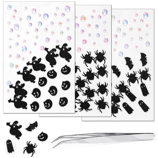 Halloween Black Face Stickers Gems for Makeup, 3 Sheets Spooky Spider Witch Bat Face Glitter Rhinestone jewels, Self Adhesive Face Eye Nail Body Gems Stick on for Boo Rave Festival Accessories