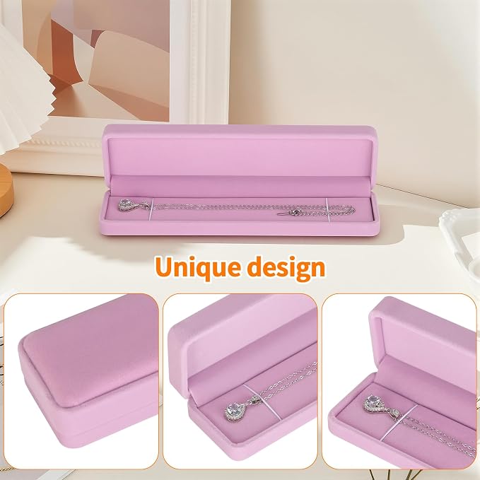 KUKUVR 2 Pcs Velvet Necklace Gift Box, Long Jewelry Storage Holder Case for Chain Pendant Bracelet Engagement Birthday Anniversary (Pink)