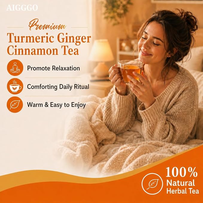 AIGGGO Turmeric Ginger Cinnamon Tea Bags, Digestive Support, 60 Count | 100% natural turmeric, ginger and cinnamon blend for digestive and immune support, no sugar, vegan and gluten-free