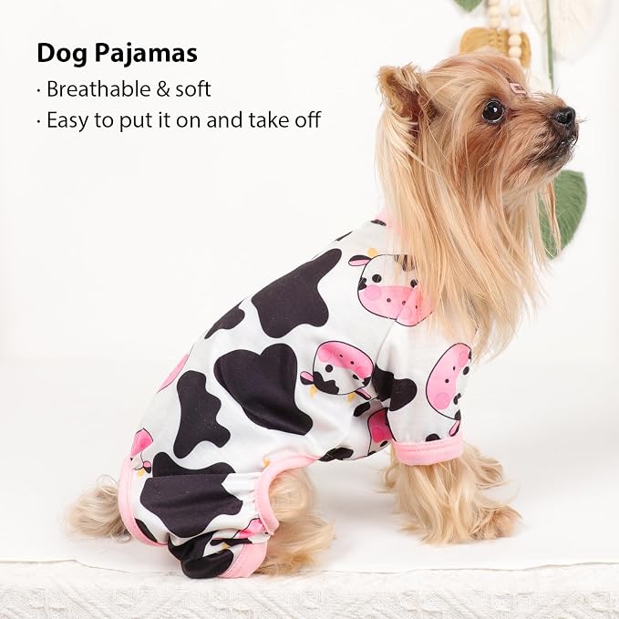 DaFuEn Dog Pajamas for Small Dogs, Soft Stretchy 4 Legs Puppy Jumpsuit, All Season Cozy Pet PJs for Chihuahua Yorkie Teacup Dogs, Cat Clothes (Pink Cow, L)