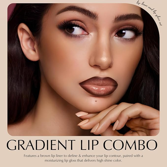 Brown Lip Liner and Gloss Kit, Matte Lip Liner Pencil with Silicone Brush for Lips Contour, Moisturizing Lightweight Non-Sticky Lip Gloss for Women High Shine Liquid Lipstick Makeup, Set C8